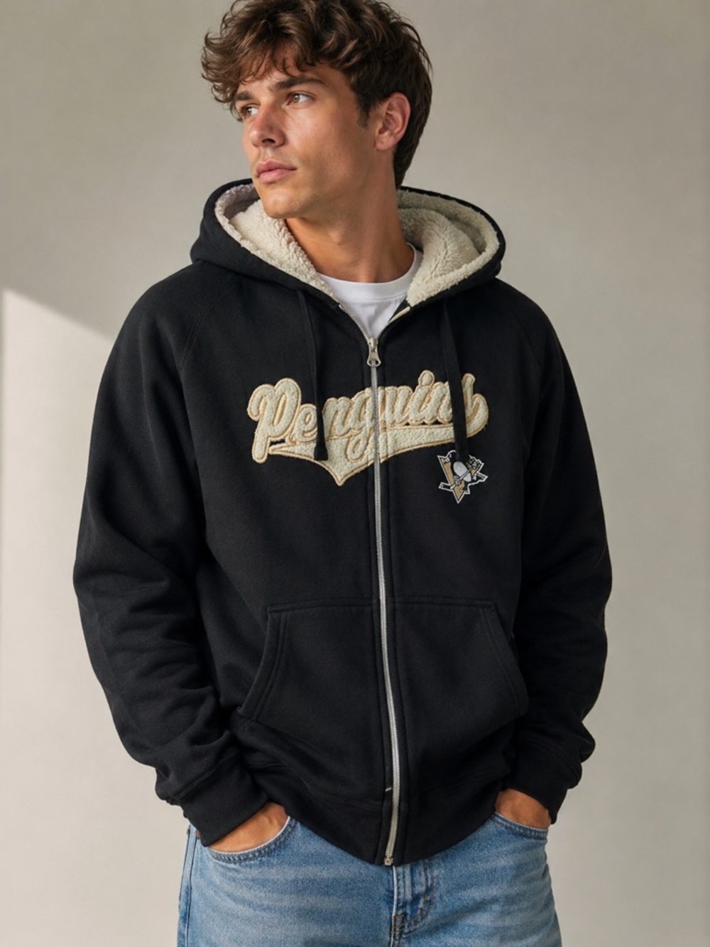 NHL Pittsburgh Penguins Sherpa Lined Full Zip Hoodie Jacket Men’s XL Black